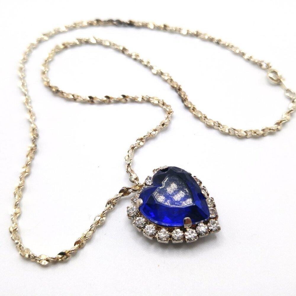 Vintage Blue Heart Pendant Necklace, Signed BC Lind 1998, Clear Rhinestones, 17" - Picture 11 of 11